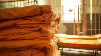 orange prison suit folded washed inside the prison in a cell in high resolution and quality