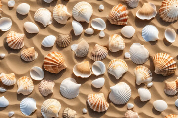 Fototapeta na wymiar background depicting shells, starfish and mollusks. Coast and shallow waters. Free space for text.