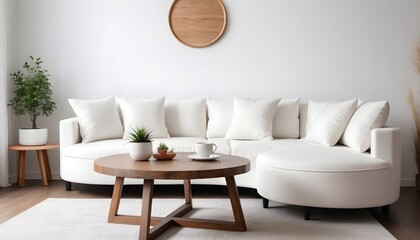  Round wood coffee table near grey corner sofa in room with white wall. Minimalist, loft home interior design of modern living room.