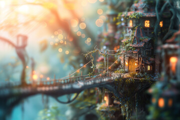 A bridge leading to a magical little house, town or fairy fortress; along the road there are ancient houses with lights in the windows. Soft focus