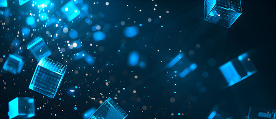 Abstract blue glowing background with cubes and binary code, depicting a data transfer concept for technology design