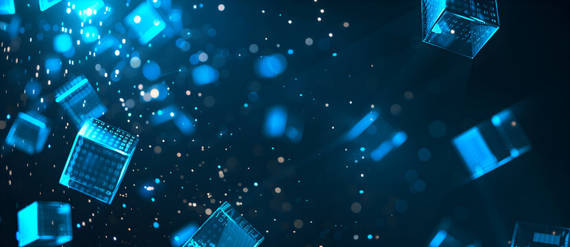 Abstract blue glowing background with cubes and binary code, depicting a data transfer concept for technology design