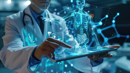 Healthcare professional is using a tablet that displays a holographic projection of a human anatomy model, showcasing various internal systems.