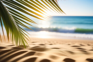 sandy beach and coastline with beautiful blue water. Rays of the sun and palm branches in the...
