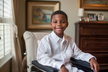 dark-skinned boy in white shirt sitting in his wheelchair, disabled