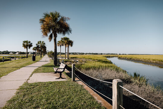 Walk along the water in Pitt Street Park in Mount Pleasant, South Carolina 