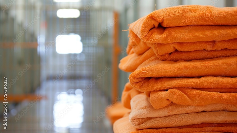 Wall mural orange towels folded for prisoners in a jail in high resolution