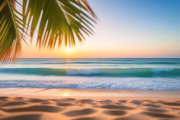 Fototapeta na wymiar sandy beach and coastline with beautiful blue water. Rays of the sun and palm branches in the frame. Sunset sky and small clouds. It's time for vacation 2024, tourist season.