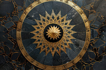 Obraz premium elegant golden compass rose design on cracked black marble texture, islamic ceiling design