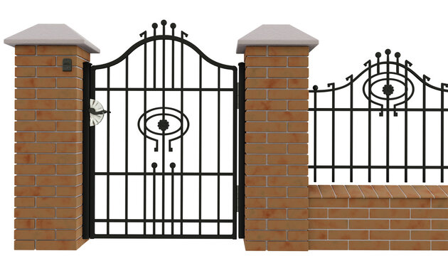 Sections of forded fence with brick posts and a gate. Wrought iron fence. 3D render, PNG.