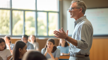 Male teacher engaging with a classroom of diverse students