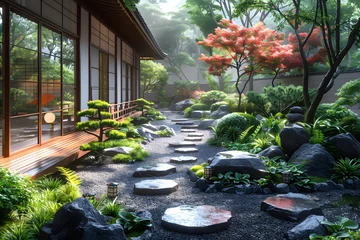 Fototapeten a tranquil Japanese-inspired garden, with carefully manicured elements, traditional stone pathways, and a harmonious blend of greenery, presented in stunning 16k ultra HD. © RANA