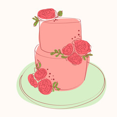 Two-layer pink cake adorned with intricate rose decorations on top. The cake appears to be hand painted with a delicate and detailed design