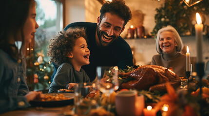 Family gathered around a dinner table, enjoying a festive meal with a roasted turkey, smiling and engaging in lively conversation.