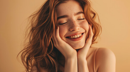 Smiling woman with a hand gently touching her face, displaying clear skin and a joyful expression.