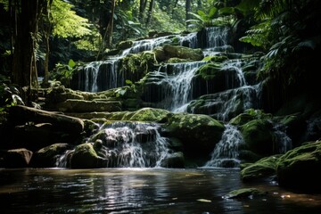 Fototapeta na wymiar Waterfall among lush greenery in natural landscape