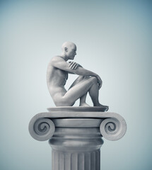 Statue of a thinker on a column. Education and overthinking concept