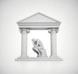 Roman structure with the statue of a thinker on white background.