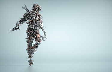 The fixing guy. Human character made up of hundreds of mechanical parts. - 757397031