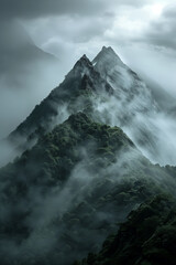 Ethereal mountain peaks shrouded in mist, suitable for nature themes and environmental conservation.