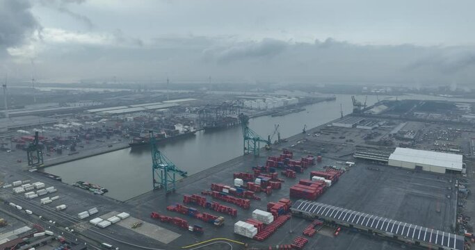 Antwerp Container Terminal K730, Deepsea terminals in Antwerp, multimodal access via road, rail and inland shipping to and from the hinterland. Belgium, Europe. Aerial drone view.