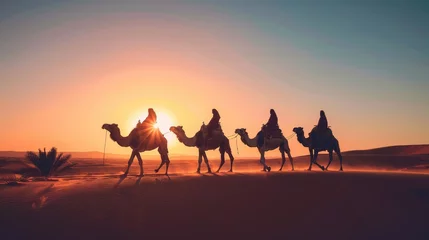 Foto op Plexiglas Silhouettes, people, riding camels in the desert, indigenous people, Tuareg, Arabic, African, Sahara, wildlife, tourist attractions, Dubai, Arabian tour, sunset © Ulee