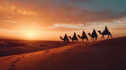 Fototapeta na wymiar Silhouettes, people, riding camels in the desert, indigenous people, Tuareg, Arabic, African, Sahara, wildlife, tourist attractions, Dubai, Arabian tour, sunset