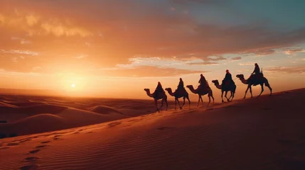 Türaufkleber Silhouettes, people, riding camels in the desert, indigenous people, Tuareg, Arabic, African, Sahara, wildlife, tourist attractions, Dubai, Arabian tour, sunset © Ulee