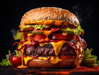 a large cheeseburger with bacon and tomatoes