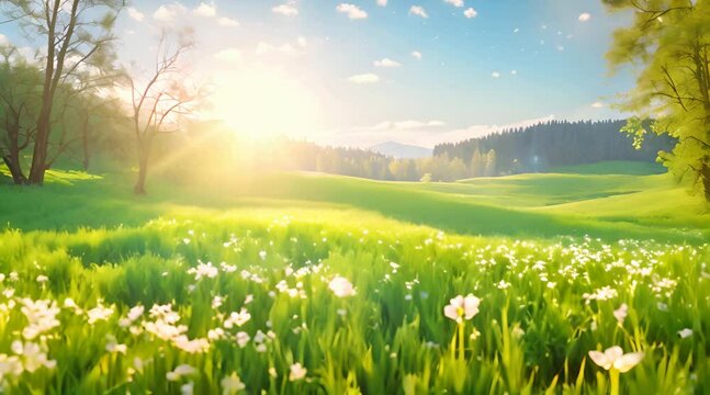 Fresh spring meadow with sunlight flare Nature background with green grass