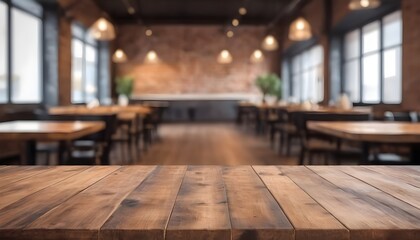 Lofty chill restaurant with wooden table and Depth of field , blurred background	
 - obrazy, fototapety, plakaty