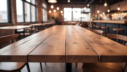Lofty chill restaurant with wooden table and Depth of field , blurred background	
