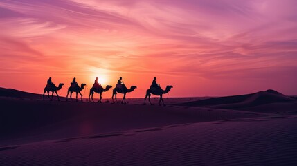 Fototapeta na wymiar Silhouettes, people, riding camels in the desert, indigenous people, Tuareg, Arabic, African, Sahara, wildlife, tourist attractions, Dubai, Arabian tour, sunset