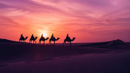 Fototapeten Silhouettes, people, riding camels in the desert, indigenous people, Tuareg, Arabic, African, Sahara, wildlife, tourist attractions, Dubai, Arabian tour, sunset © Ulee