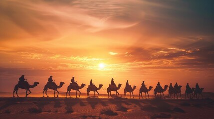 Silhouettes, people, riding camels in the desert, indigenous people, Tuareg, Arabic, African, Sahara, wildlife, tourist attractions, Dubai, Arabian tour, sunset