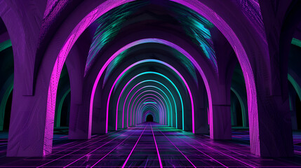 3d render of purple and green arches with grid pattern