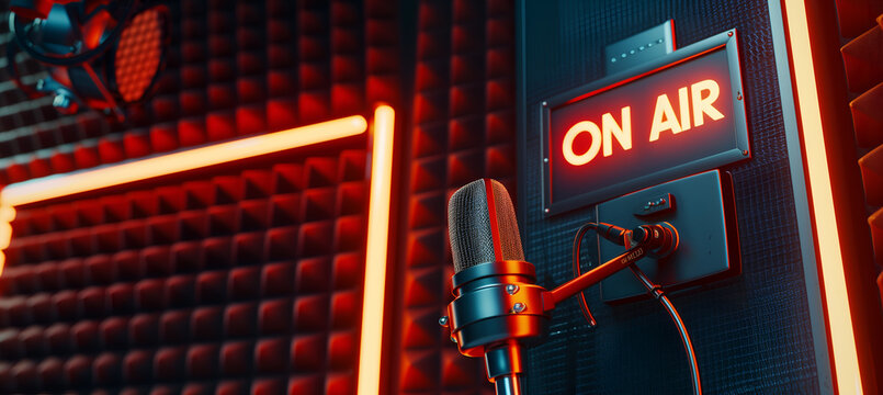 Closeup view of a concept for the interior design of a podcast, radio or television studio with microphone and  "ON AIR" sign