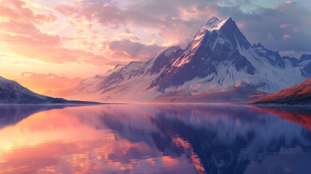 Tranquil mountain landscape with sunset reflection in lake, ideal for travel or nature themes.