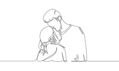 Continuous single line drawing of man and woman hug each other, line art style vector illustration