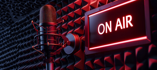 Closeup view of a concept for the interior design of a podcast, radio or television studio with microphone and  