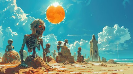 Animated scene of zombies playing in a sandcastle competition on the beach, with intricate designs and a hot sun - obrazy, fototapety, plakaty