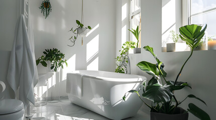 Bright and elegant white bathroom with diffused sunlight casting shadows and lush potted plants enhancing the ambiance