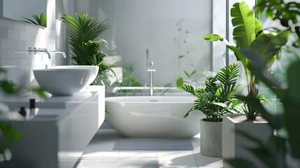 Morning light floods a luxurious bathroom, highlighting the detailed greenery and modern, clean design