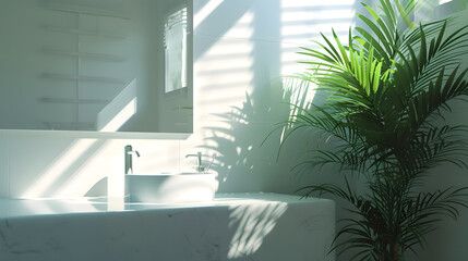 A modern bathroom bathed in sunlight with focus on a vibrant plant casting an artistic shadow on the surface