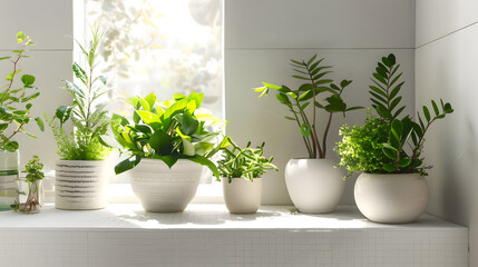 An array of potted green plants on a sunny bathroom windowsill creates a natural and fresh atmosphere