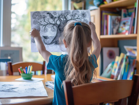 A little girl is standing at a table, holding up a picture of herself with a sun and tree drawing style on it. She has long hair and is wearing a blue shirt. The table also has some books 