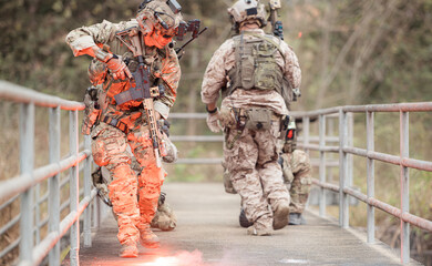 Soldiers in camouflage military uniforms carrying weapons, Reconnaissance missions in the tropical...