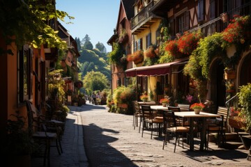 Cozy narrow street with tables and chairs lining the sidewalk