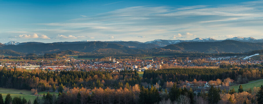 panoramic photo of the town of Isny im Allg&auml;u (Germany) with the Alps in the background