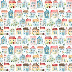 Seamless pattern with watercolor fancy houses